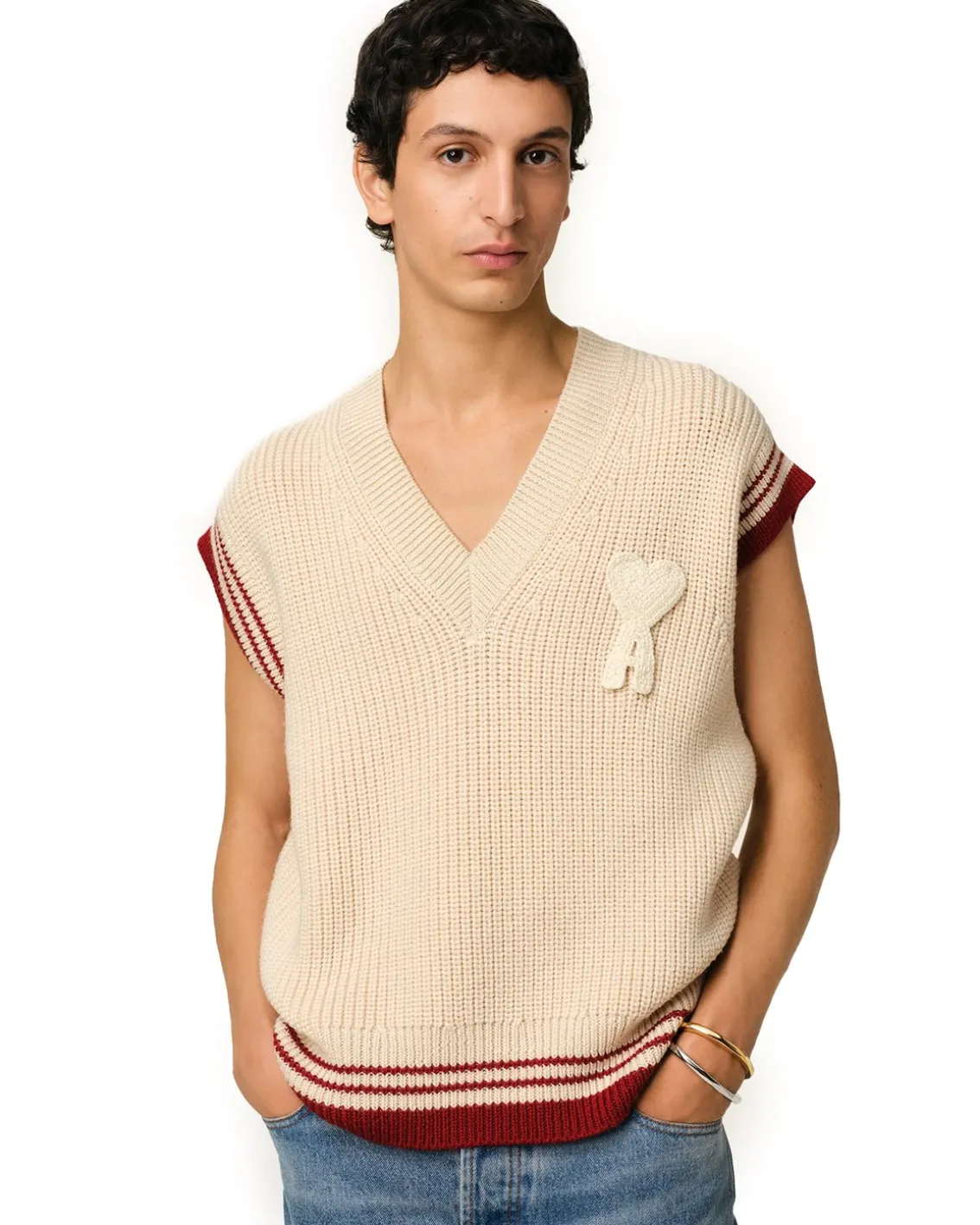 AMI Paris Ami De Coeur Rib Knit Vest White Cream