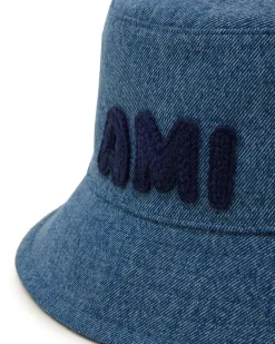 AMI Paris Embroidered Logo Denim Bucket Hat Used Blue