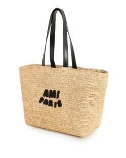 AMI Paris Embroidered Logo Raffia Tote Bag Natural