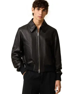 AMI Paris Zipped Leather Jacket Wool Gabardine Black