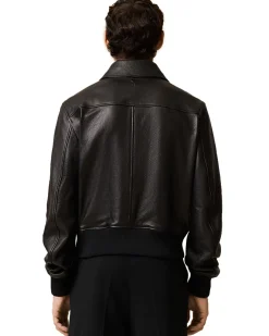 AMI Paris Zipped Leather Jacket Wool Gabardine Black