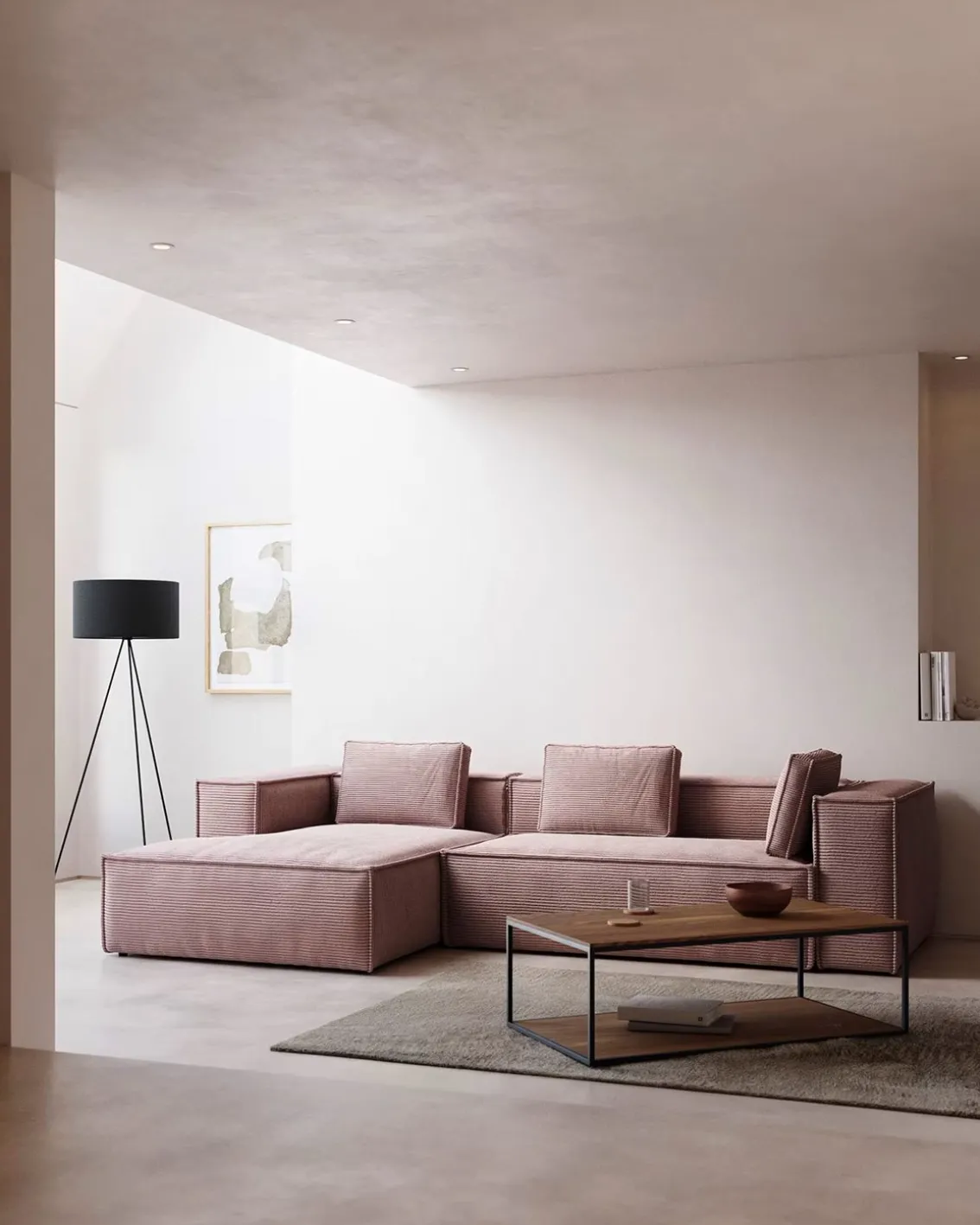 Blok 3-Seater Left Lounge Sofa Corduroy Light Pink