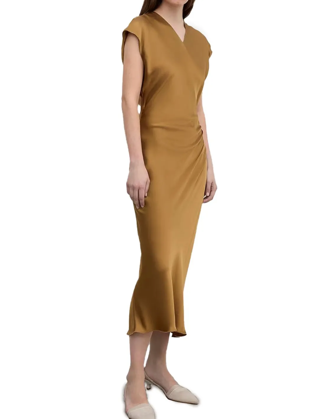 House of Dagmar Fluid V-Neck Dress Dull Gold