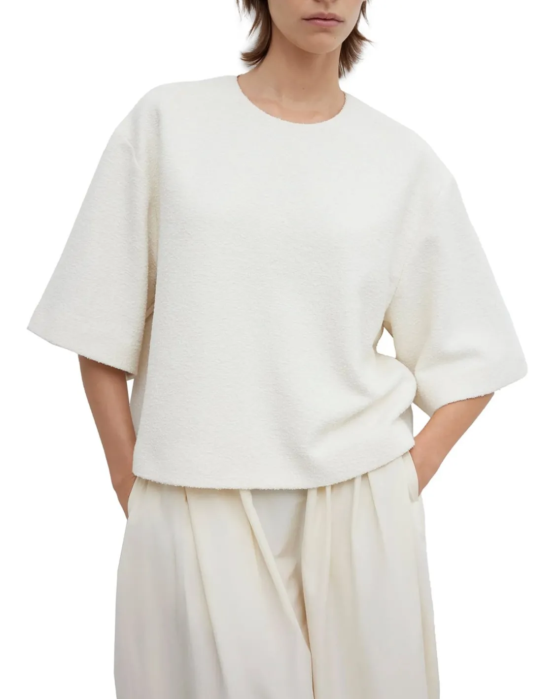 House of Dagmar Woven Bouclé T-Shirt Cream White