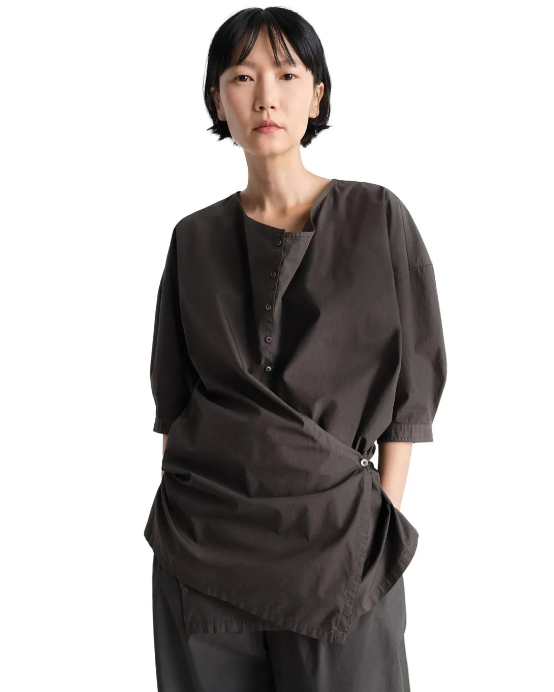 LEMAIRE Short Sleeve Twisted Cotton Shirt Dark Brown