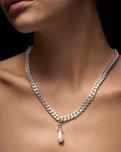 Maria Nilsdotter Chunky Chain Drop Pearl Necklace Silver