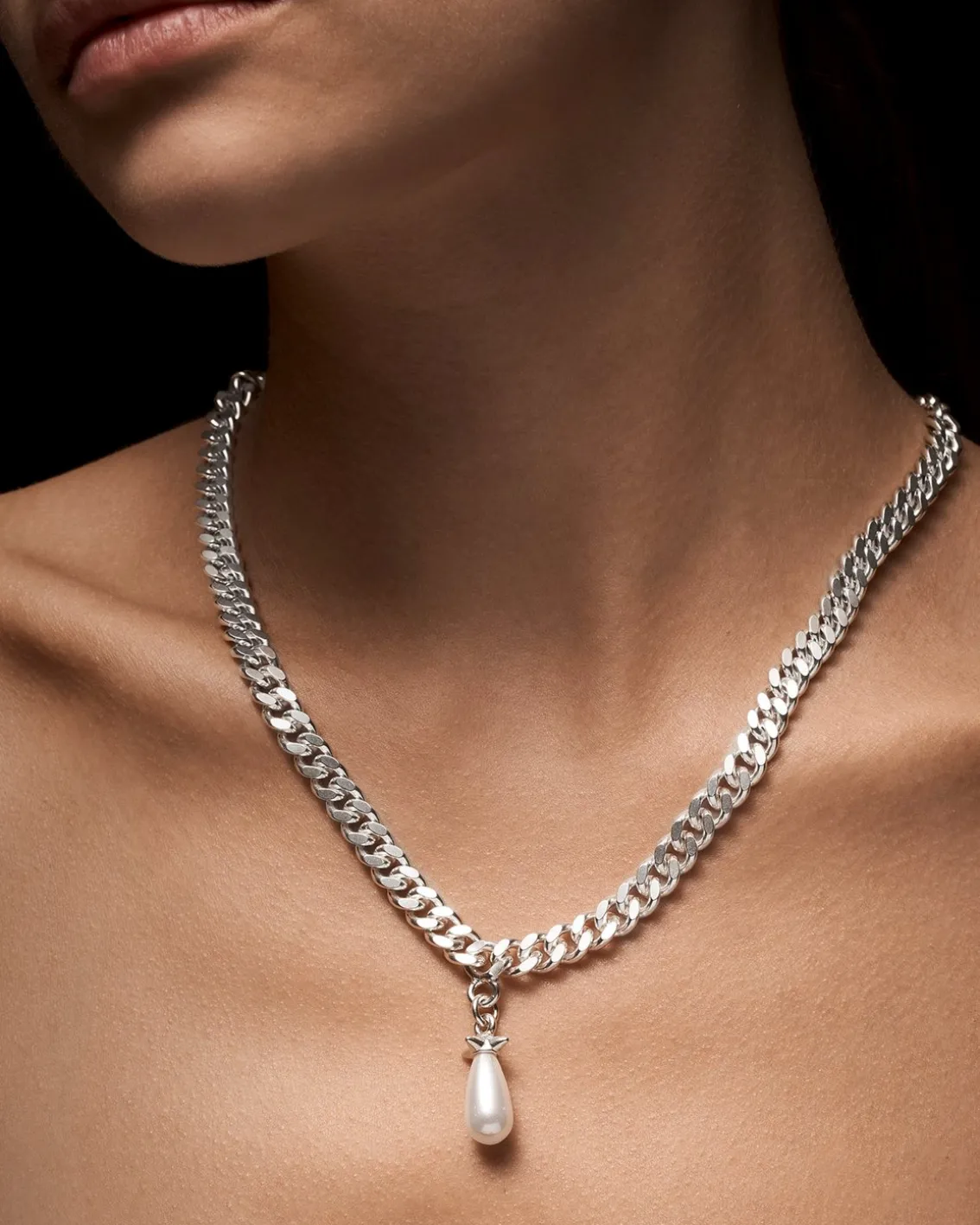 Maria Nilsdotter Chunky Chain Drop Pearl Necklace Silver