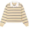 Sporty & Rich Serif Logo Cropped Rugby Polo Almond/dark navy/white