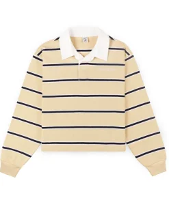 Sporty & Rich Serif Logo Cropped Rugby Polo Almond/dark navy/white
