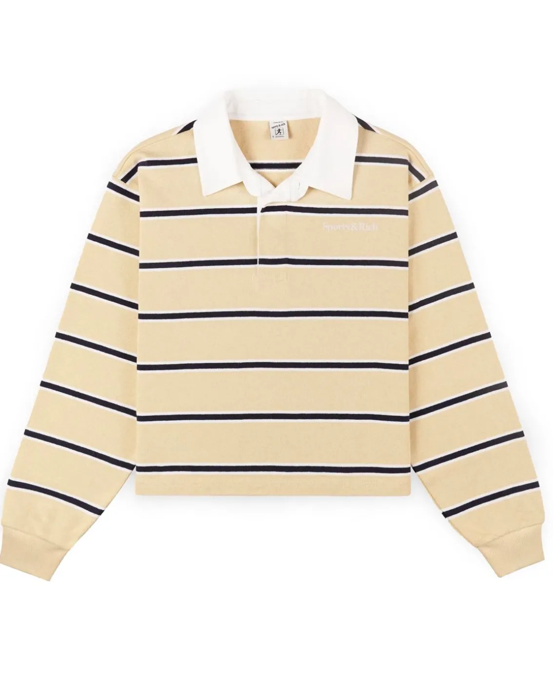 Sporty & Rich Serif Logo Cropped Rugby Polo Almond/dark navy/white