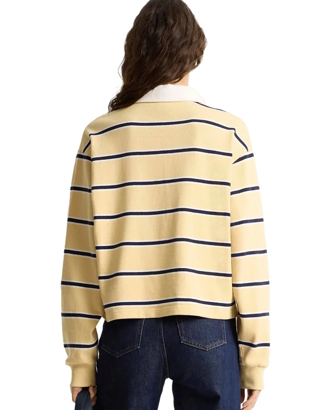 Sporty & Rich Serif Logo Cropped Rugby Polo Almond/dark navy/white