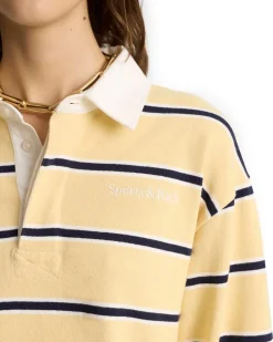 Sporty & Rich Serif Logo Cropped Rugby Polo Almond/dark navy/white