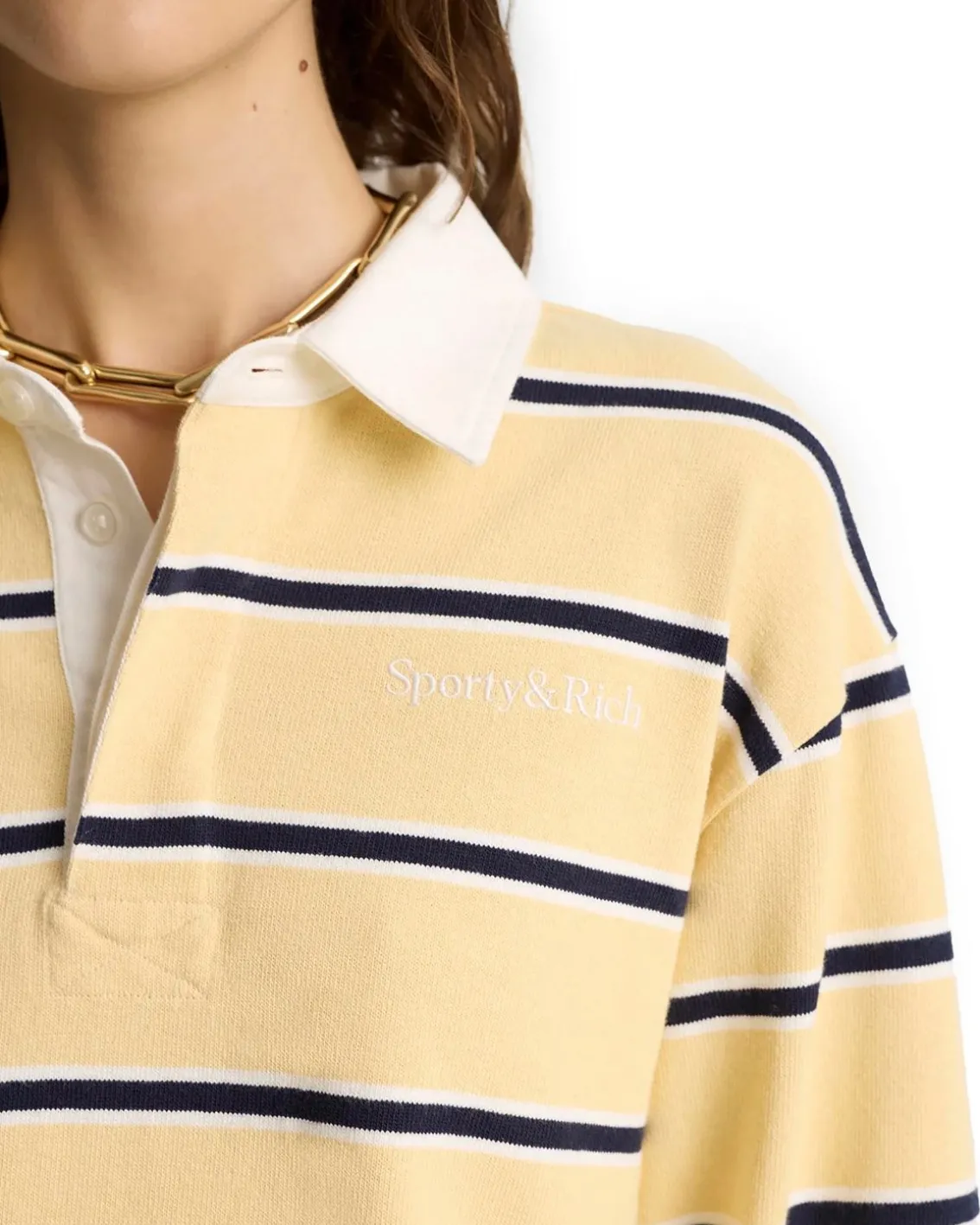 Sporty & Rich Serif Logo Cropped Rugby Polo Almond/dark navy/white