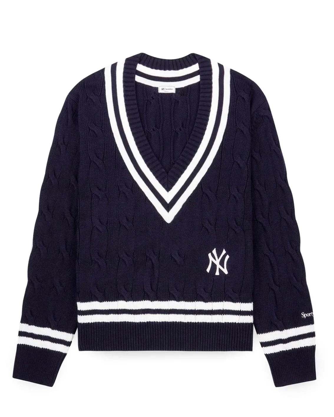Sporty & Rich Yankees Serif Cableknit Vneck Navy