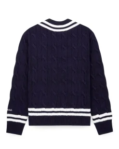 Sporty & Rich Yankees Serif Cableknit Vneck Navy